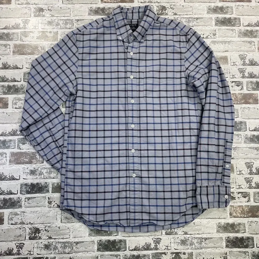 J.CREW Mens Flex Oxford Shirt Long Sleeve Button Down Gray Blue Plaid